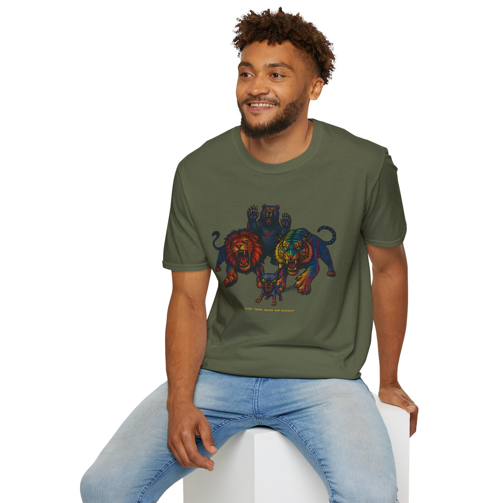 Lions Tigers Bears & HUAA!? T-Shirt : Vibrant Animal Graphic Tee | Unisex Wildlife Shirt | Gift for Art and Nature Lovers, Chihuahua Lover