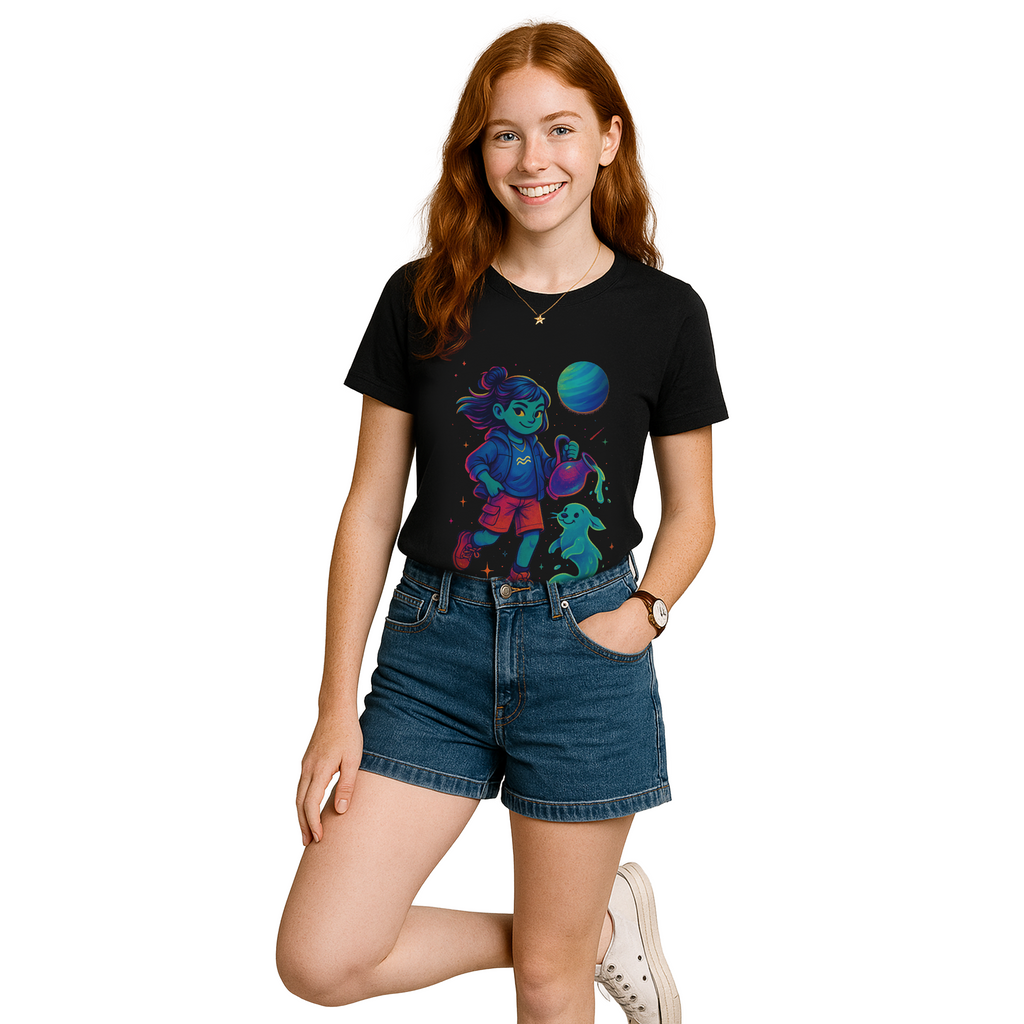 Aquarius Zodiac Girl Youth T-Shirt | Astrology Gift for Kids | Cute Zodiac Sign Tee