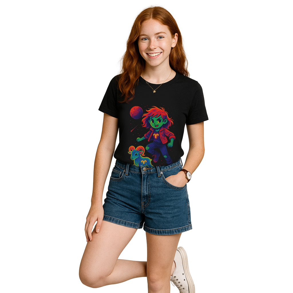 Aries Zodiac Girl Youth T-Shirt | Astrology Gift for Kids | Cute Zodiac Sign Tee