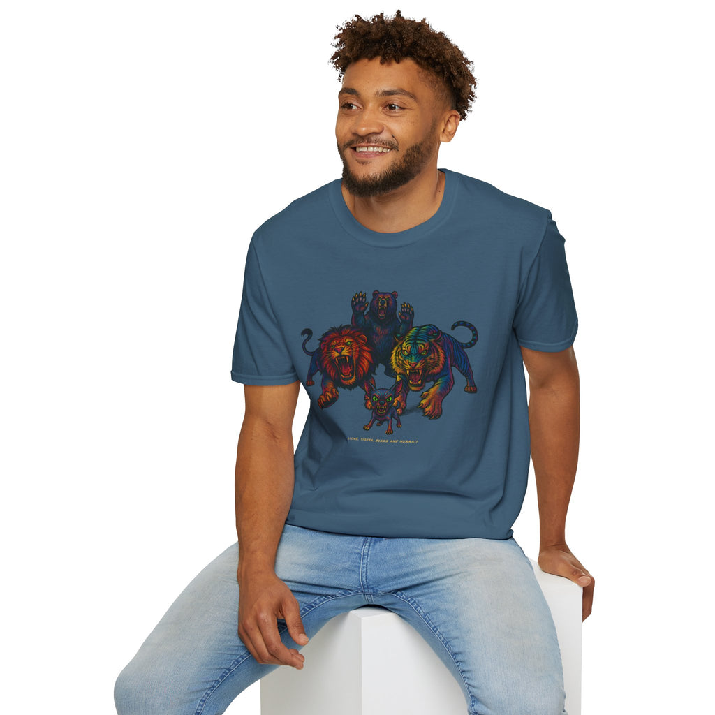 Lions Tigers Bears & HUAA!? T-Shirt : Vibrant Animal Graphic Tee | Unisex Wildlife Shirt | Gift for Art and Nature Lovers, Chihuahua Lover