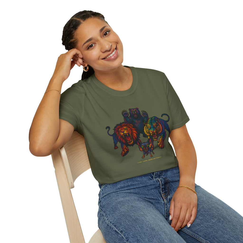 Lions Tigers Bears & HUAA!? T-Shirt : Vibrant Animal Graphic Tee | Unisex Wildlife Shirt | Gift for Art and Nature Lovers, Chihuahua Lover